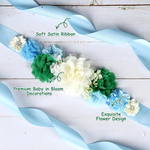 Baby in Bloom Baby Shower Maternity Sash Kit - Blue Baby Shower Belly Belt and Mom to Be & Dad to Be Corsage Pins, New Parents Pregnancy Photo Props Party Supplies in Saudi Arabia