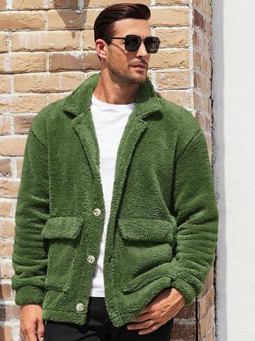 Runcati Mens Fuzzy Sherpa Jacket Fleece Long Sleeve Button Down Coat Fall Winter Warm Outwear in Saudi Arabia