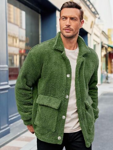 Runcati Mens Fuzzy Sherpa Jacket Fleece Long Sleeve Button Down Coat Fall Winter Warm Outwear in Saudi Arabia