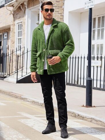 Runcati Mens Fuzzy Sherpa Jacket Fleece Long Sleeve Button Down Coat Fall Winter Warm Outwear in Saudi Arabia