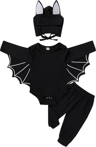 YOUNGER TREE Toddler Baby Girls Boys Halloween Outfit Black Bat Romper Pant Set Long Sleeve Winter Clothes in Saudi Arabia