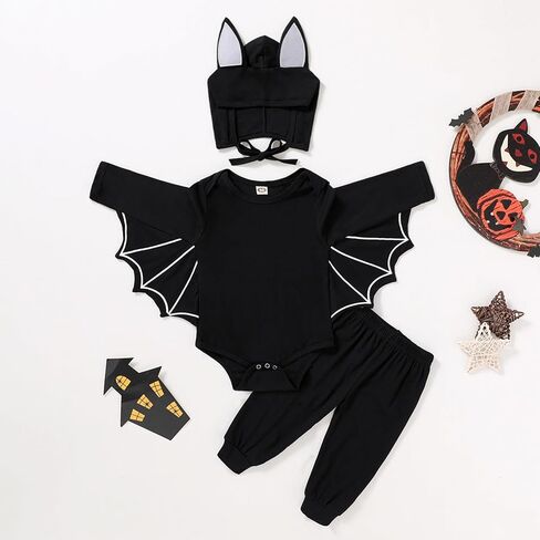 YOUNGER TREE Toddler Baby Girls Boys Halloween Outfit Black Bat Romper Pant Set Long Sleeve Winter Clothes in Saudi Arabia