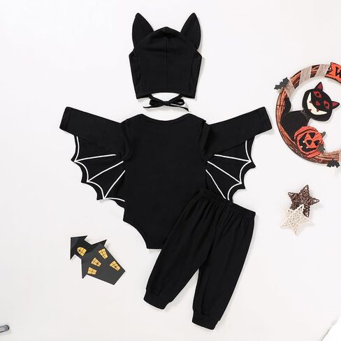 YOUNGER TREE Toddler Baby Girls Boys Halloween Outfit Black Bat Romper Pant Set Long Sleeve Winter Clothes in Saudi Arabia