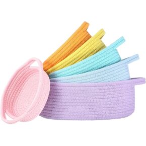 6 Pcs Cotton Rope Storage Baskets Set Small Bin Woven Baskets for Organizing Shelves Rectangle Macaroon Decorative Baskets with Handles for Clothes Toys Books Towels Living Room Bathroom