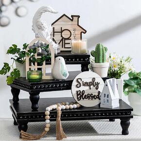Hanobe Wooden Display Risers Decorative: Set of 3 Wood Black Pedestal Stand Tiered Tray Rectangle Farmhouse Decor for Tabletop Counter Vintage Riser with Beaded Kitchen Decor