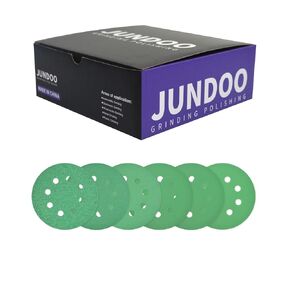 JUNDOO 800 Grit 5 Inch 8 Hole Green Film Hook and Loop Sanding Discs for Automotive and Woodworking 50 Pcs