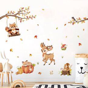 Tanlaby Woodland Animals Wall Stickers Autumn Maple Leaves Wall Decals Forest Cartoon Animal Deer Fox Sticker Peel and Stick Fall Art Decor for Baby Nursery Kids Bedroom Playroom Daycare Classroom