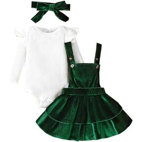 Adorable Baby Girl Christmas Outfits Long Sleeve Ribbed Sweatshirt Shirt Adjustable Strap Velvet Skirt Set Headband