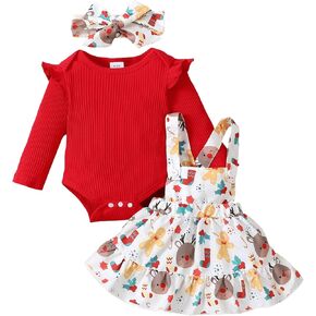 Newborn Baby Girl Christmas Outfit Long Sleeve Romper Suspender Dress Overall Dress Infant Baby Girl Outfits