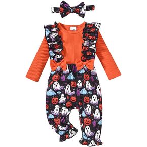 Baby Girl Clothes Romper Long Sleeve Floral Ruffle Suspender Jumpsuit Headband Newborn Infant Girl Spring 2pcs Outfit
