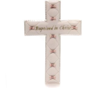 Roman Baby Nursery "Baptized in Christ" Baptism Wall Cross, Bless this child, Baptized in Christ, Christening Keepsake Gift (Baby Girl Pink))