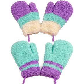 F Flammi 2 Pairs Toddler Fleece Mittens for Baby Boys Girls Winter Sherpa Lined Warm Knit Mittens Cartoon Kids Gloves