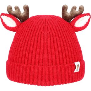 Winter Hat for Kids, Antlers Reindeer Crochet Knitted Baby Beanie Hat Christmas Hat Thick Winter Warmer Cap Girls Accessories for Baby Boys Toddler Girl Red