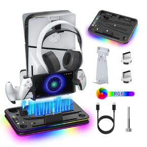 OLYGIVE PS5 Slim Charging and Cooling Station, PS5 Slim Charger Station with PS5 Controller Charger and PS Portal Remote Player Charger, PS5 Slim Stand with Headset Holder and RGB Lights