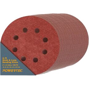 POWERTEC 45058 150PK, 5 Inch 8 Hole Hook and Loop Sanding Discs, 40/60/80/120/240/320 Assorted Grits, A/O Sandpaper for Random Orbital Sanders