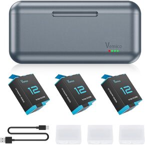 Hero 12 Battery Charger Kit with 1800mAh Hero 9 Batteries 3 Packs USB-C 3-Slots Charger for Hero 12/11/10/9 Black Action Cameras