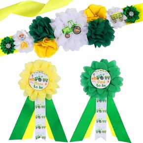 Tractor Baby Shower Maternity Sash Kit - Green Tractor Baby Shower Belly Belt and Mom to Be & Dad to Be Corsage Pins, New Parents Pregnancy Photo Props Party Supplies
