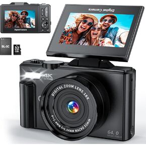 4K Digital Camera for Photography, WiFi 64MP UHD Vlogging Camera with 18X Digital Zoom, Super Wide-Angle Lens, 3" 180° Flip Screen, 32GB SD Card, Black