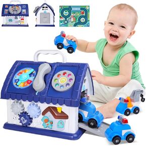 Toys for 1+ Year Old Gifts Montessori Toddler Toys 8 in 1 Multi-Functional Learning House Toys with Sound/Lights/Clock/Car/Telephone Early Educational Baby Toys with 4 Building Block Cars