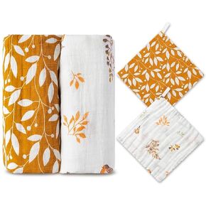 Zainpe 4Pcs Baby Muslin Swaddle Blankets & Washcloth Set Leaves Soft Breathable Swaddling Wrap Nursery Receiving Blankets for Boys Girls Newborn Essential Infant Registry Gifts 47.2" X 47.2"