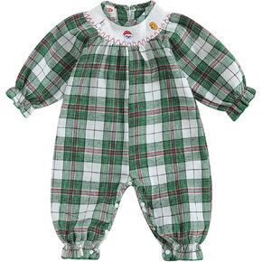 Newborn Baby Girl Christmas Outftis Puff Long Sleeve Santa Print Plaid Jumpsuit Cotton Linen Romper Fall Clothes