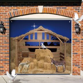 Preboun Christmas Nativity Garage Door Banner Cover Nativity Stable Scene Backdrop Banner Farm Barn Backdrop Christmas Banner Western Photo Backdrop Outdoor Xmas Holiday Winter Party Decor (7 x 8 ft)