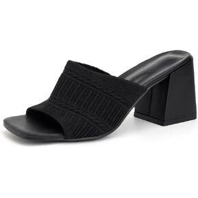 Knit Chunky Block Heeled Sandals, Square Open Toe Heeled Sandals For Women Summer Essential Home & Office Casual Sandals