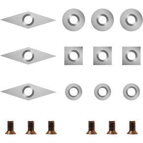 18 Pieces Tungsten Carbide Cutters Inserts Set for Wood Lathe Turning Tools Include 11 mm Square with Radius, 12 mm and 8.9 mm Round, 30 x 10 mm Diamond with Pointed Point,6 Pieces screws
