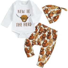 Newborn Baby Girl Boy Western Clothes New To The Herd Highland Cow Print Onesie Romper Pants Set Hat 3Pcs Fall Outfits