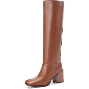 Women's Knee High Boots Chunky Heel Square Toe Side Zipper Tubular Leg Soft Lichee PU Leather Classic Fashion Dress Long Boots