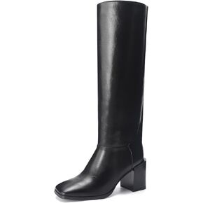 Women's Knee High Boots Chunky Heel Square Toe Side Zipper Tubular Leg Soft Lichee PU Leather Classic Fashion Dress Long Boots