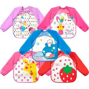 R HORSE 5Pcs Long Sleeved Bib for Babies Toddlers Waterproof Sleeved Bib Colorful Infants Feeding Bibs with Giraffe Rabbit Strawberry Pattern Gift for Baby Shower in Kuwait