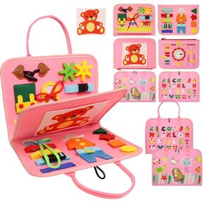 Busy Board Montessori Toys for 1 2 3 4 Year Old, Busy Book for Toddlers 1-3 Boys Girls Birthday Gifts, Sensory Educational Activities Travel Toys for Learning Fine Motor Skills, Pink-3 Pages