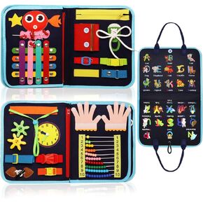 Busy Board Montessori Toys for 1 2 3 4 Year Old, Busy Book for Toddlers 1-3 Boys Girls Birthday Gifts, Sensory Educational Activities Travel Toys for Learning Fine Motor Skills, Pink-3 Pages