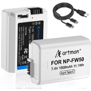 Artman Upgraded NP-FW50 Battery 1500mAh 2-Pack with Type-C Fast Charging for Sony ZV-E10, A7 A7II A7R A7RII A7S A7SII RX10 II, Alpha A5000 A5100 A6000 A6100 A6300 A6400 A6500, NEX-3 NEX-5 Cameras