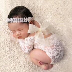 Newborn Photography Outfits Girl Newborn Photography Props Lace Romper with Headband Newborn Infant Photo Shoot Outfits Girls Photo Props Newborn Girl Photoshoot Outfits（Pink）