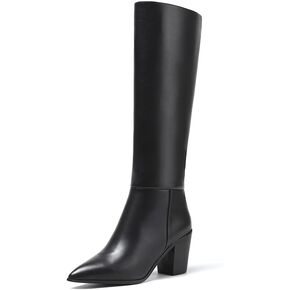 TinaCus Pointed Toe Genuine Leather Handmade Chunky Heels Slip On Women's Classic Knee High Boots(Black, US7.5)