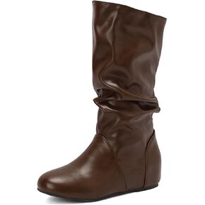 Women Slouch Mid Calf Boots Wid Calf Side Zipper Wedge Flat Heel Comfort Casual Boots Pull On