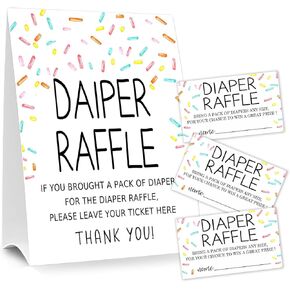 Diaper Raffle Tickets for Baby Shower Game, 1 Standing Sign & 50 Guessing Cards for Baby Shower Party Decoration, Reveal Dount