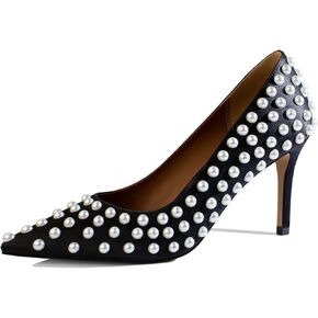 iadore Women Sexy Stiletto High Heel Pumps Chic Pearl Studded Slip-on Shoes Satin Pointed Toe Fashion Dress Pumps Size 5-12 US