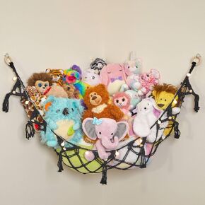 Stuffed Animal Storage Macrame Hammock w/String Lights, Large - Boho Room Decor Toy Storage - Corner Hanging Plushie Stuffed Animal Net Organizer (White)