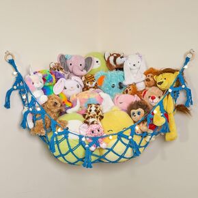 Stuffed Animal Storage Macrame Hammock w/String Lights, Large - Boho Room Decor Toy Storage - Corner Hanging Plushie Stuffed Animal Net Organizer (White)