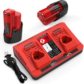2Pack 12V 3.5Ah Replacement Milwaukee M12 Battery and Charger Kit for 48-11-2420 48-11-2401 48-11-2411 M12 Battery for Milwaukee 12Volt Battery with 2-Port Dual Milwaukee 12V Battery Charger