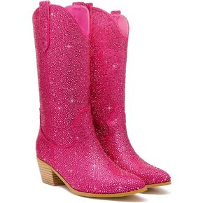 GOSERCE Rhinestone Cowboy Boots Mid Calf Sparkly Cowgirl boots for Women Pointed Toe Low Chunky Stacked Heel 5cm Pull On Tabs Shiny Sparkle Glitter Fashion Party Retro Classic Vintage