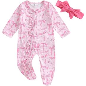 SAYOO Newborn Coming Home Outfit Baby Girl Zip Up Ruffle Frills Footie Romper Jumpsuit One-Piece Baby Play Hospital Clothes