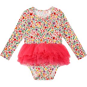 Baby Girls Bodysuit Tutu Dress-Viscose Made from Bamboo,Soft Long Sleeve Tulle Skirt Comfy Infant Girl Outfits