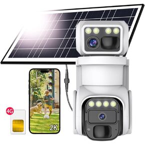 4G LTE Cellular Solar Security Camera, Dual Lens 360° View, No WiFi Needed, 3MP 2K HD, AI Motion Detection, Color Night Vision, Dual PIR Sensors, IP66 Weatherproof, SIM Card Included