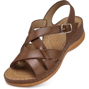 TEMOFON Flat Women Sandals Wide: Flat Summer Sandal - Brown Leather Casual Sandal - Dressy Comfortable Walk Sandal for Woman Size 10