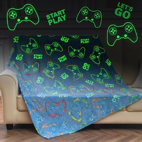 Gaming Blanket Glow in The Dark for Girls Boys - Gamer Room Decor for Night Light Up, Game Controller Throw Toy for Adult Kids, Soft Throw Blanket for Age 2-10 Year Old