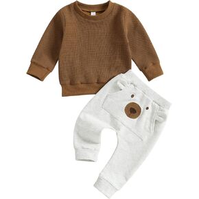 Lamuusaa Toddler Baby Boy Clothes Waffle Long Sleeve Crewneck Sweatshirt Bear Pirnt Jogger Pants Fall Winter Outfit